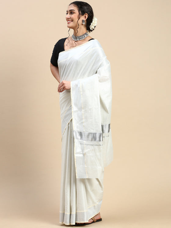 Kerala Tissue Silver Jari Plain Saree OKS08