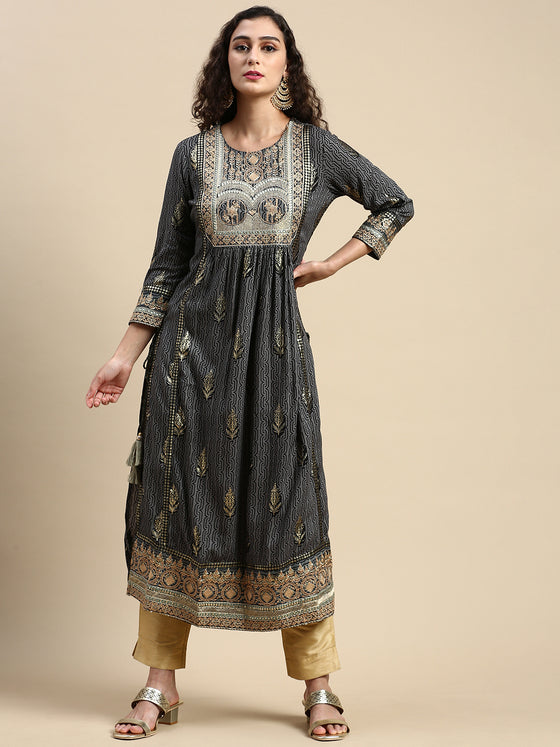 Elegant Embroidered and Printed Black & Sandal Straight Cut Kurti EK19