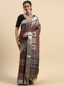  Semi Tussar Printed Saree Black with Tassels STP06