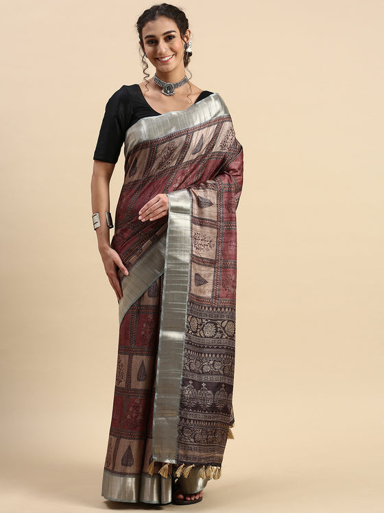 Semi Tussar Printed Saree Black with Tassels STP06