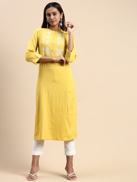 Cotton Embroidered Mandarin Collar Straight Cut Lemon Yellow Kurti EK24