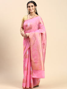  Stylish Silver Copper Jari Pink Semi Kora Cotton Saree SK93