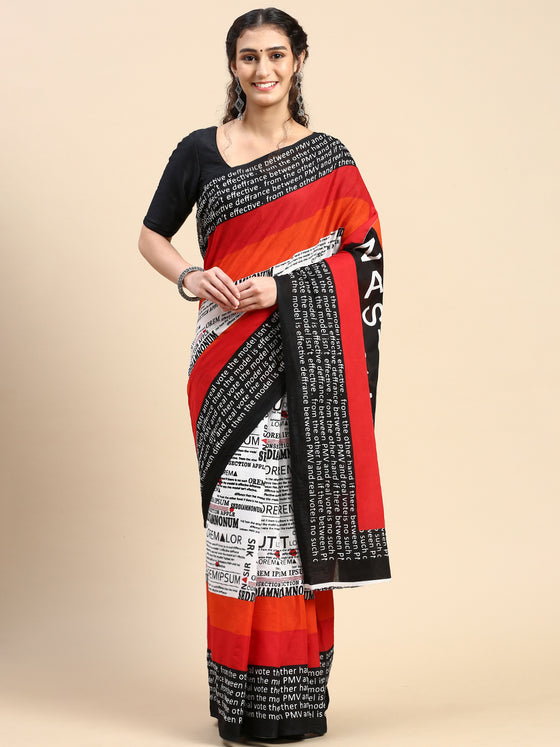 Elegant Red & Black Printed Pure Cotton Saree PCS55