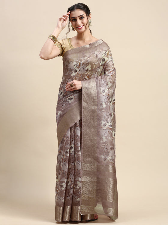 Semi Linen Flower Digital Brown & Dark Grey Saree SL61