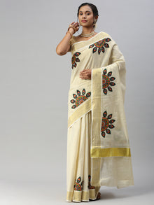  Kerala Tissue Peacock Feather Printed Gold Jari Border Saree OKS35 Onam Collection