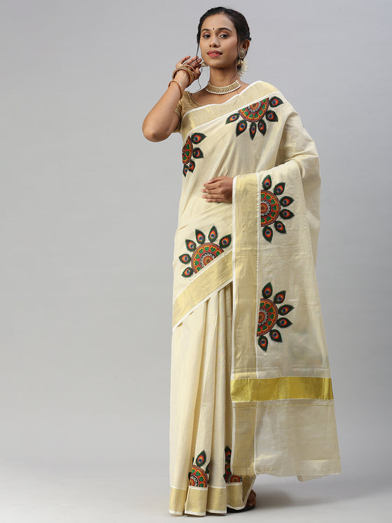 Kerala Tissue Peacock Feather Printed Gold Jari Border Saree OKS35 Onam Collection