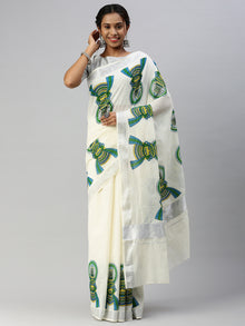  Kerala Off White Kathakali Doll Design Printed Silver Jari Saree OKS07