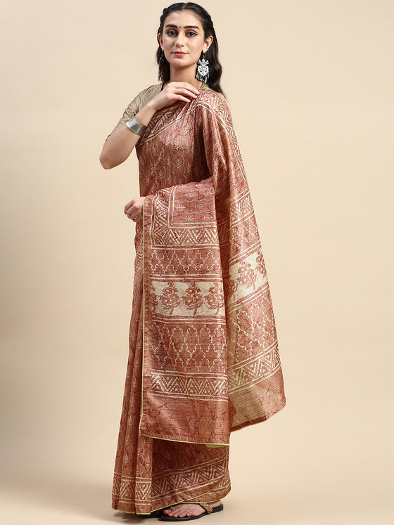 Semi Cotton Brown and Sandal Flower Printed Saree SCS22