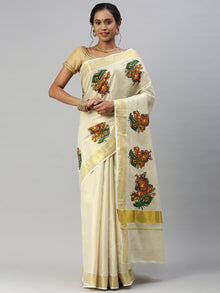  Kerala Tissue Krishna with Flute Printed Gold Jari Border Saree OKS37 Onam Collection