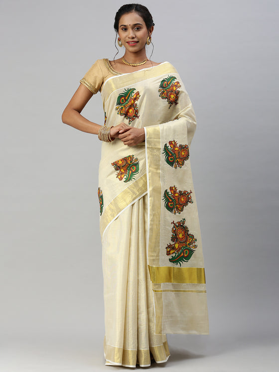 Kerala Tissue Krishna with Flute Printed Gold Jari Border Saree OKS37 Onam Collection