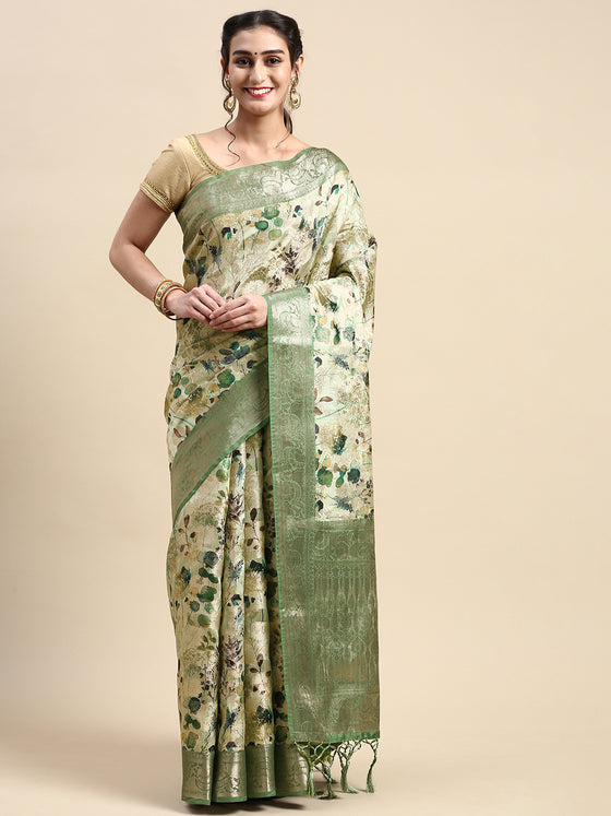 Beautiful Dola Silk Green Flower Digital Print with Jari Border Sarees DS02
