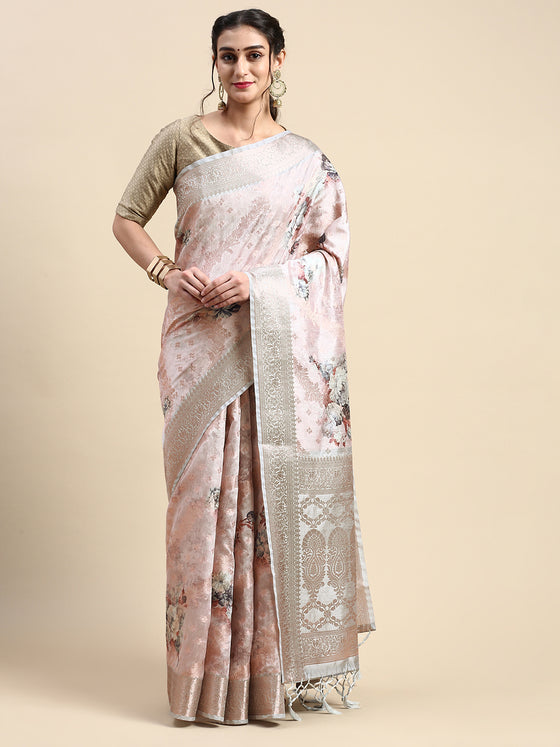 Beautiful Dola Silk Light Peach Flower Digital Print with Jari Border Sarees DS05