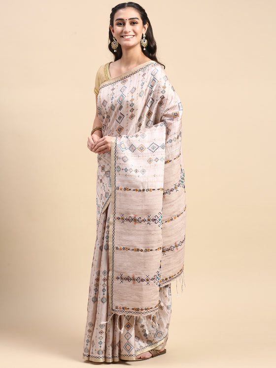 Semi Tussar Pink & Sandal Mixed Embroidery Saree ST89