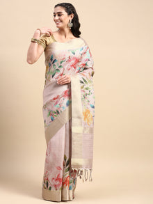  Colourful Semi Raw Silk Pink Flower Printed Saree SRS26