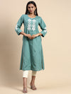 Cotton Embroidered Round Neck Straight Cut Green Kurti EK32