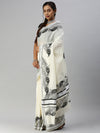 Kerala Cream Peacock Feather Printed Saree with Silver Zari Border OKS30 Onam Collection