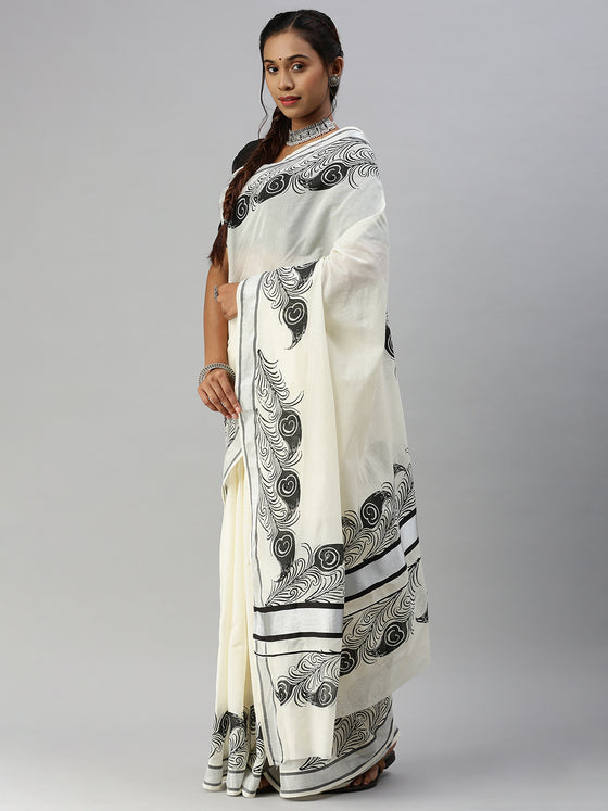 Kerala Cream Peacock Feather Printed Saree with Silver Zari Border OKS30 Onam Collection