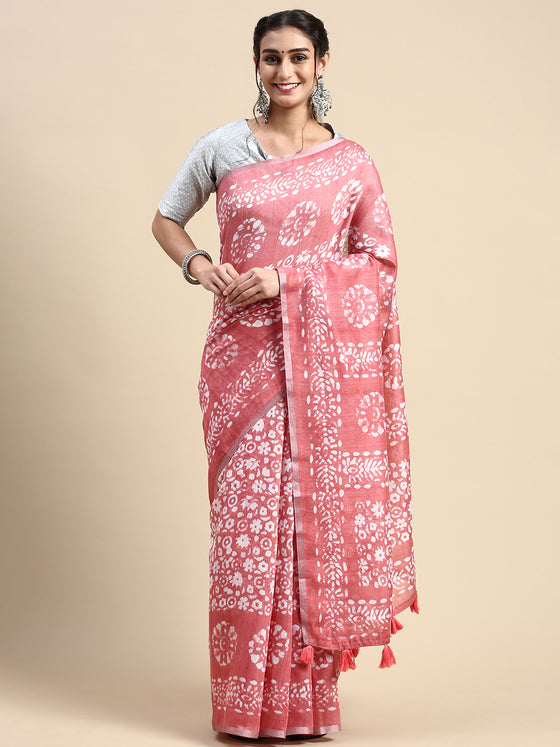 Elegant Semi Linen Flower Digital Print Pink & White Saree SL66