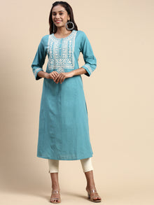  Cotton Embroidered Round Neck Straight Cut Green Kurti EK23