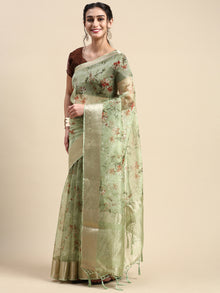  Elegant Semi Linen Flower Digital Print Light Green Saree SL54