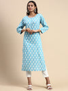 Cotton Flower Printed Round Neck Straight Cut Blue Kurti PK27