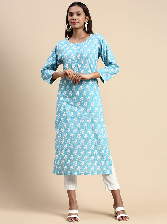 Cotton Flower Printed Round Neck Straight Cut Blue Kurti PK27