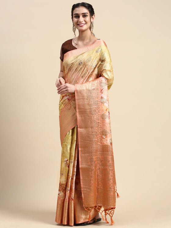 Semi Tussar Peach & Yellow Flower Printed Saree with Tassels STP15