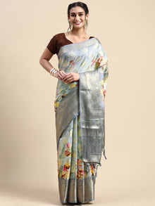  Semi Tussar Grey Flower Printed Saree with Tassels STP17