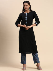  Cotton Embroidered Round Neck Straight Cut Black & Blue Kurti Set EKS01