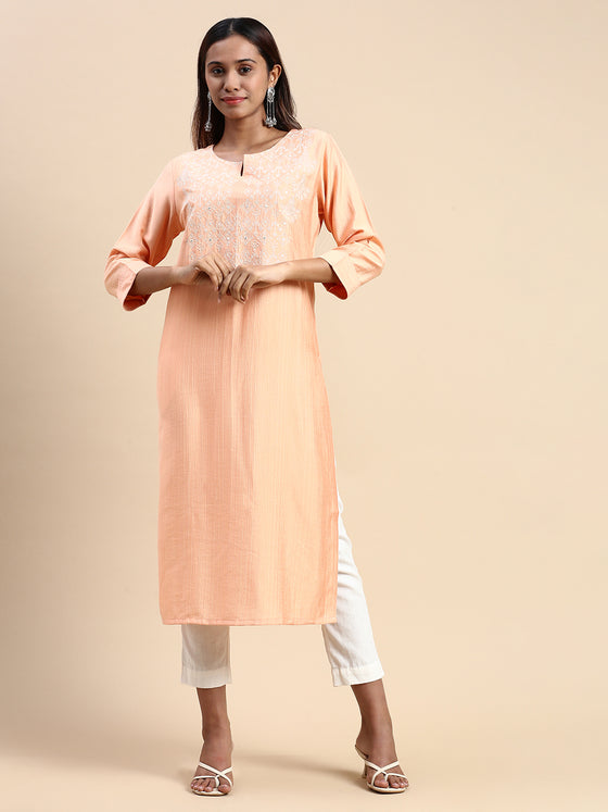 Cotton Embroidered Round Neck Straight Cut Orange Kurti EK34