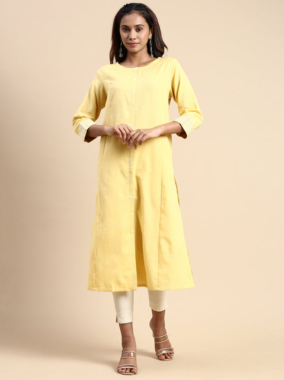 Cotton Plain Round Neck Straight Cut Yellow Kurti CPK03