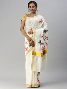  Kerala Cream Colorful Butterfly Embroidery Saree with Gold Zari Border KS83