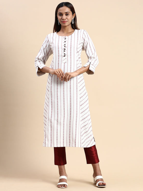 Cotton Embroidered Mandarin Collar Straight Cut Off White Kurti EK38
