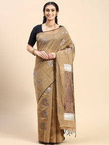  Stylish Silver Jari Khaki Flower Design Semi Kora Cotton Saree SK83