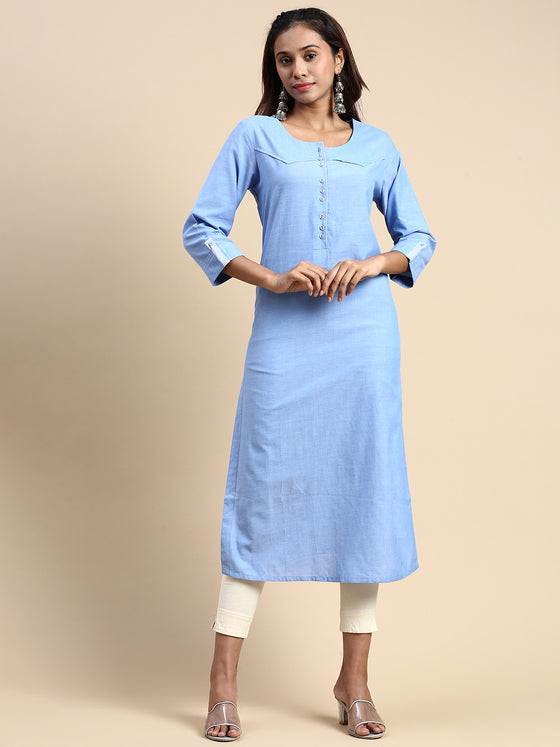Cotton Plain Round Neck Straight Cut Blue Kurti CPK01