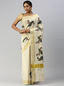  Kerala Tissue Peacock & Flute Printed Gold Jari Border Saree OKS36 Onam Collection