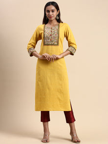 Cotton Printed Round Neck Straight Cut Mustard Kurti PK30