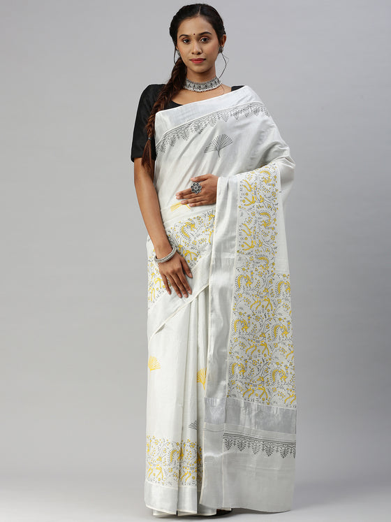 Kerala Tissue Printed Silver Jari Border Saree OKS31 Onam Collection