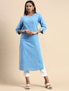 Cotton Embroidered Round Neck Straight Cut Blue Kurti EK39