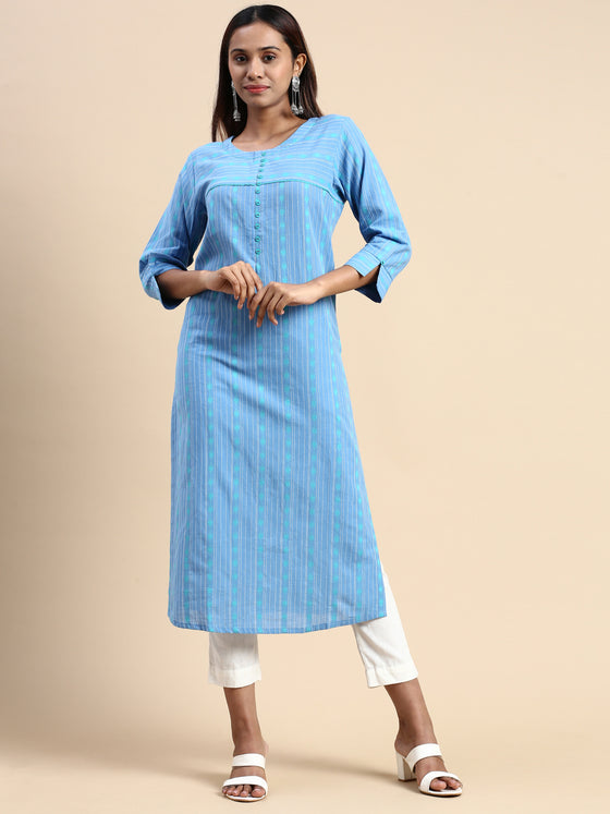 Cotton Embroidered Round Neck Straight Cut Blue Kurti EK39