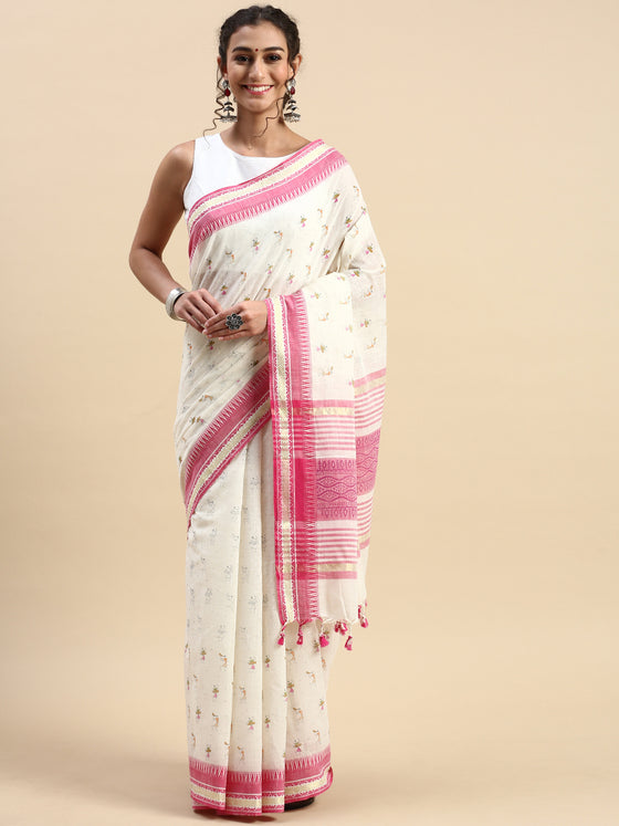 Semi Cotton Printed Saree White and Pink SCS08
