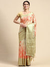 Semi Tussar Peach & Green Flower Printed Saree with Tassels STP16