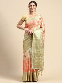  Semi Tussar Peach & Green Flower Printed Saree with Tassels STP16