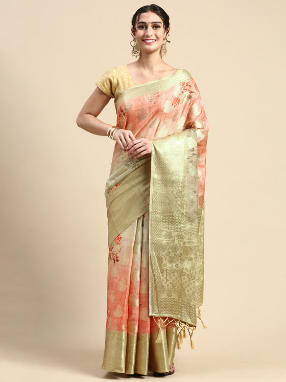 Semi Tussar Peach & Green Flower Printed Saree with Tassels STP16