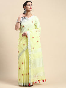  Classy Semi Linen Yellow Printed Embroidery Saree SLPE03