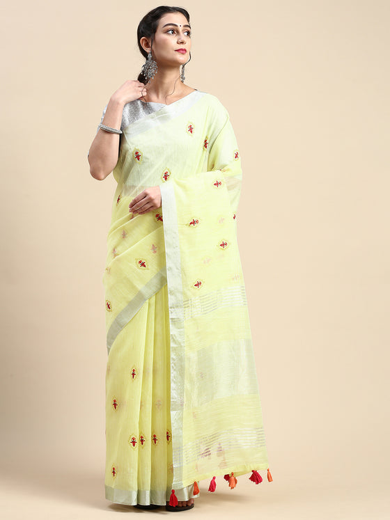 Classy Semi Linen Yellow Printed Embroidery Saree SLPE03