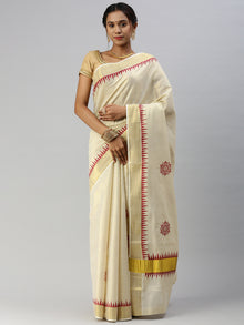  Kerala Tissue Flower Printed Gold Jari & Maroon Border Saree OKS15