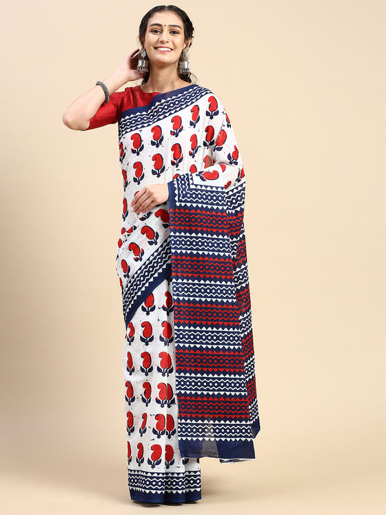 Elegant White & Navy Printed Pure Cotton Saree PCS56