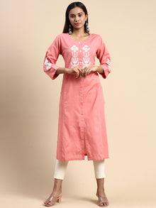  Cotton Embroidered Round Neck Straight Cut Pink Kurti EK33