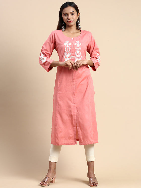 Cotton Embroidered Round Neck Straight Cut Pink Kurti EK33